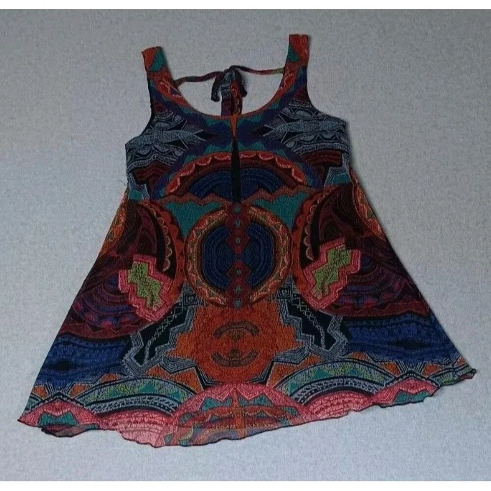 Angie Sleeveless Swing Tunic Mini Dress Large Geometric Tribal Print Boho Retro - Picture 1 of 11